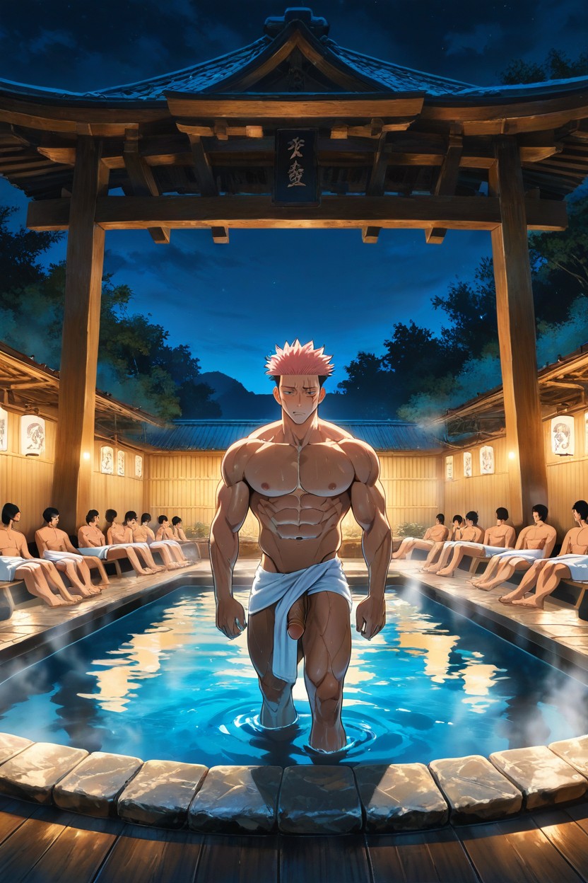 Pink Hair, Wooden Tub, Everyone Is Reaching For His Cock AI Gay Porn