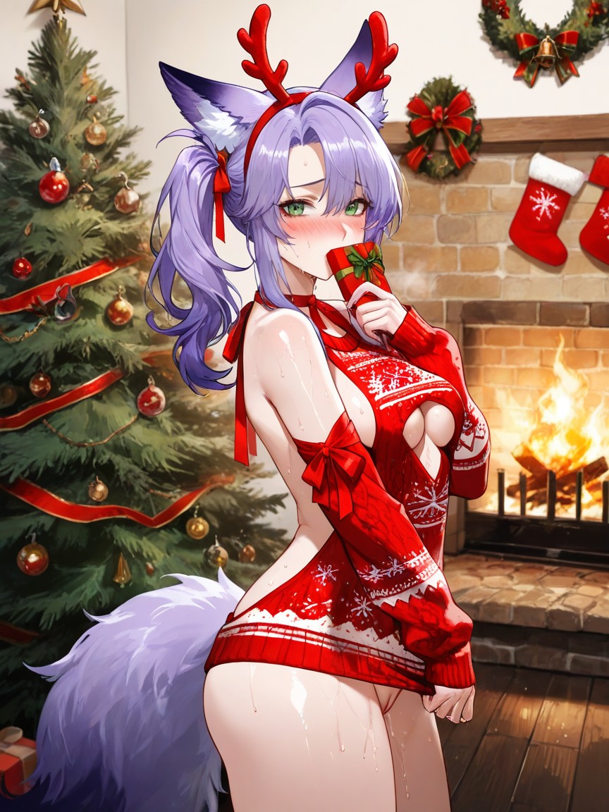 Christmas Patterned Sweater, Arm Ribbons, Newest Hentai KI Porno