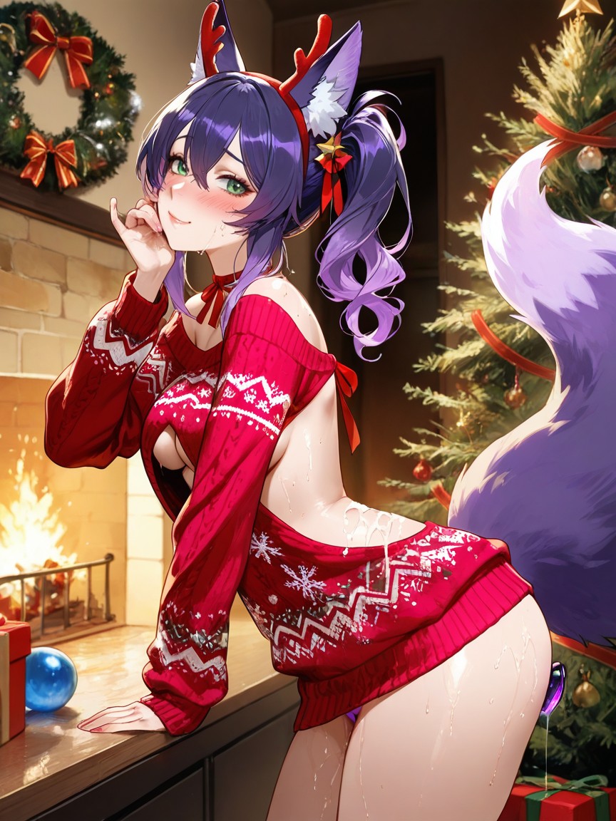 Hugging, Presents Surround Her, Messy Purple Hair Hentai AI Porn