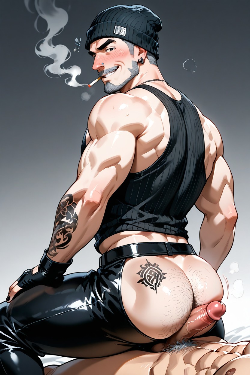 Grinning, Black Ribbed Tank Top, Horny AI Gay Porn