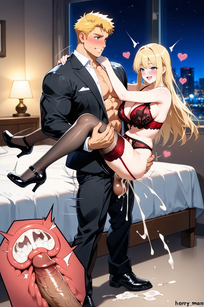 Blonde Hair And Blue Eyes, Internal Cumshot, One Male Top And One Female Bottom AI Gay Porn