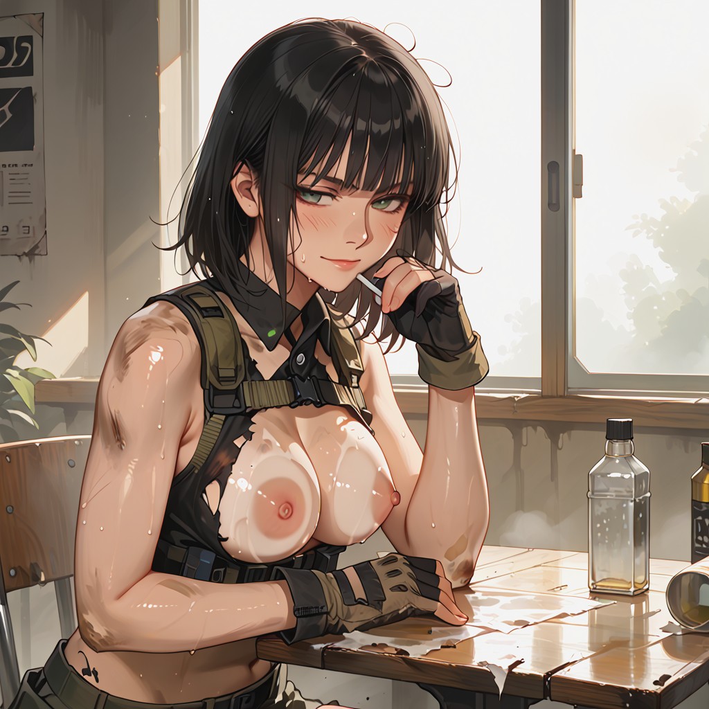 Satisfied Relaxed Smirk, Battle-damaged Black Backless Top, On Skin Hentai IA