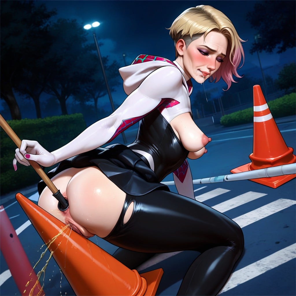 Half Closed Eyes, Inserting A Traffic Cone Into Anus, Close Set Of Sagging Half Full Perky Retrousse Breasts Hentai AI Porn