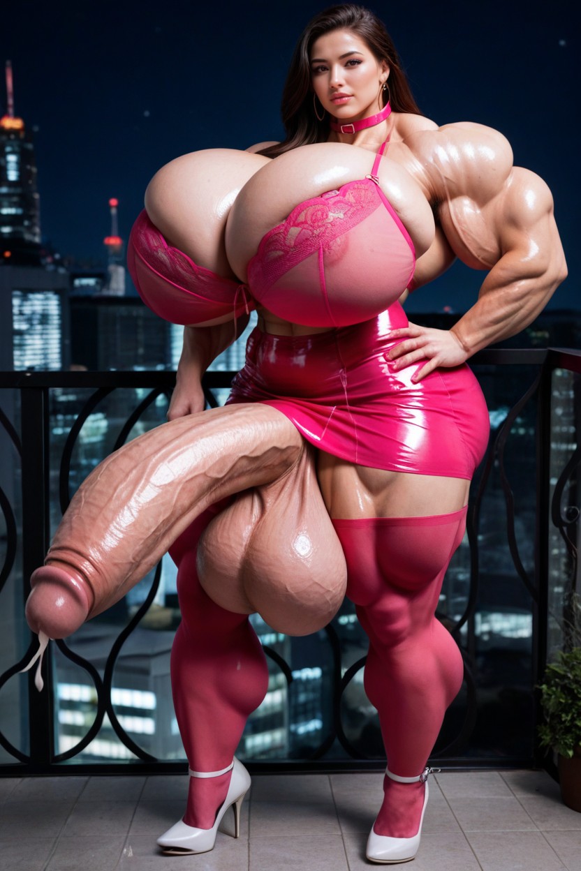 Sweaty Body, Pink Collar, Cumming Everywhere Shemale AI Porn