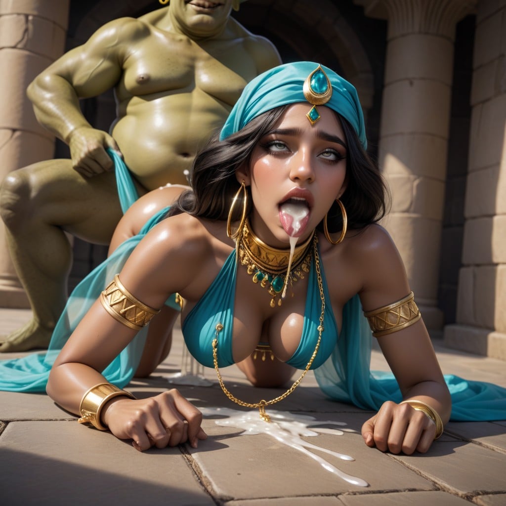 Ahegao, Disney Princess Jazmine Turned Slut For A Ugly Fat Goblin King, Gold Belly Dancer Outfit AI Porn