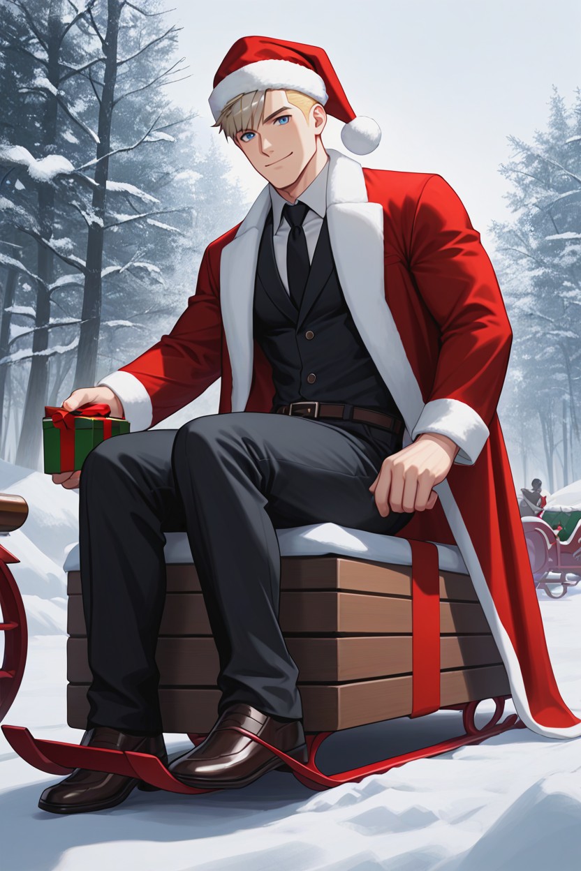 Sitting On A Sleigh, Half Naked, Nighttime AI Gay Porn
