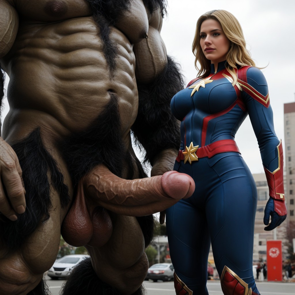 City, Massive Breast, Monster Lifts Up Huge Upward Curved Erect Penis AI Porn