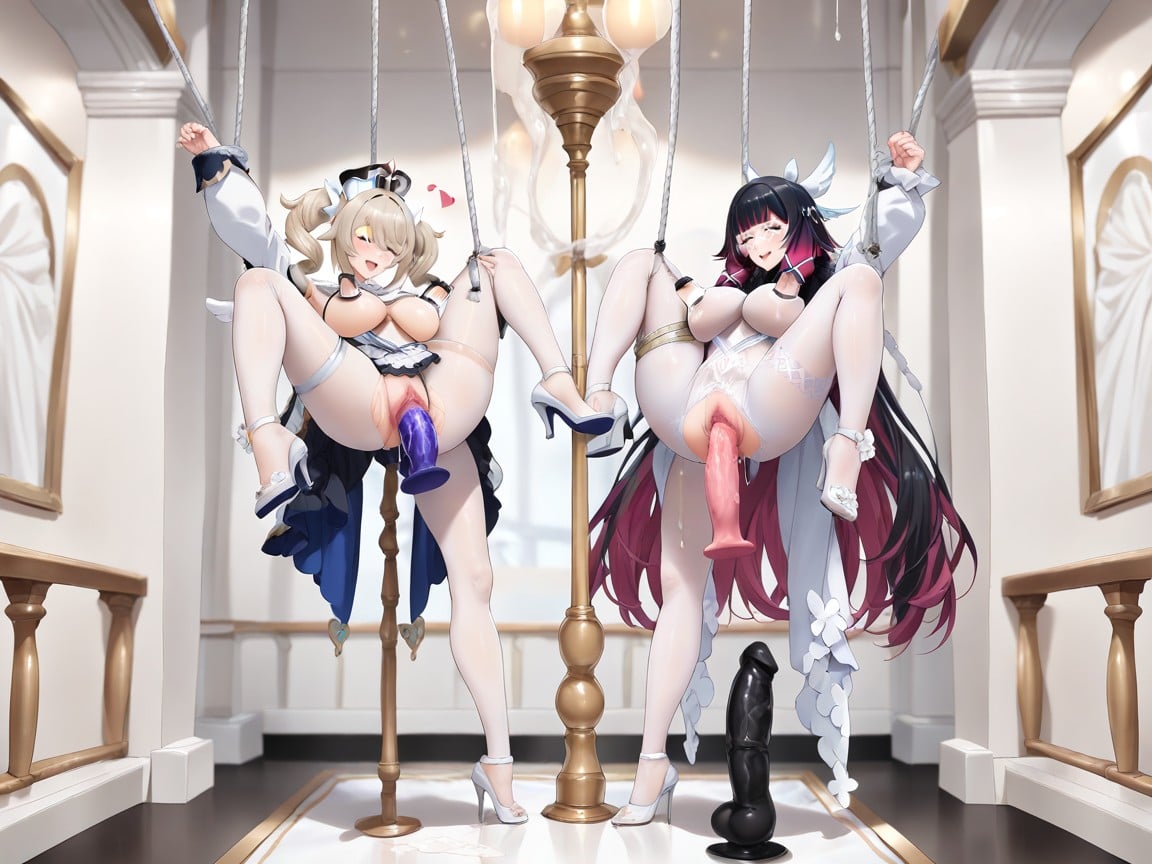 Skinny, One Dildo Linking Two Women's Vaginas, Extremely Long Legs Hentai AI Porn