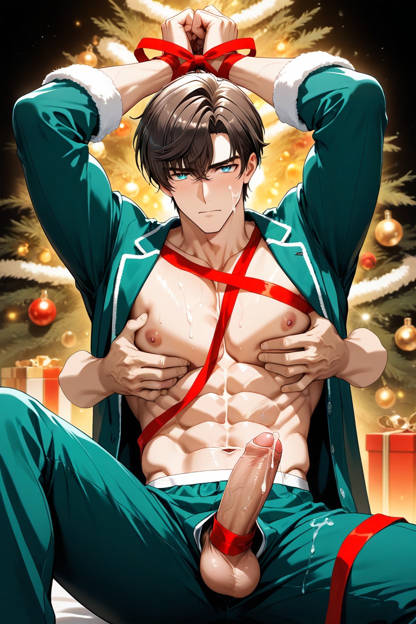 Pink Nipples, With Christmas Ribbon, Big Pecs AI Gay Porn