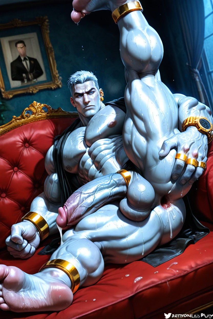 Red Sofa, Huge Fingers, Sweating AI Gay Porn