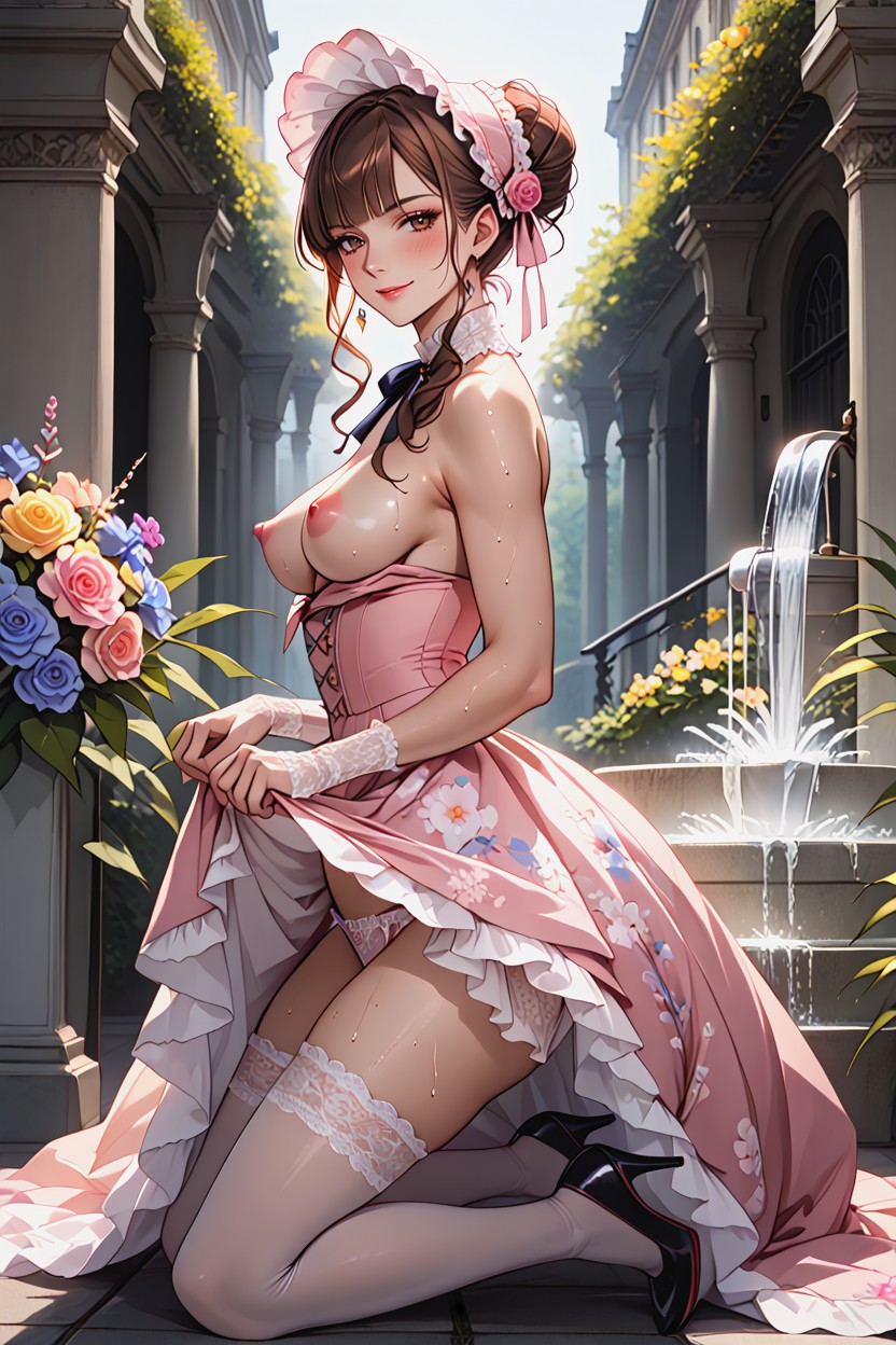 Curled French Braid Hair Bun, Colorful Flowers, Hot Sunny Day Hentai AI Porn