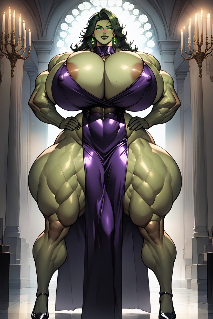Breasts Shaped Like Watermelons, Visible Areolas Through Dress, Standing Hentai AI Porn