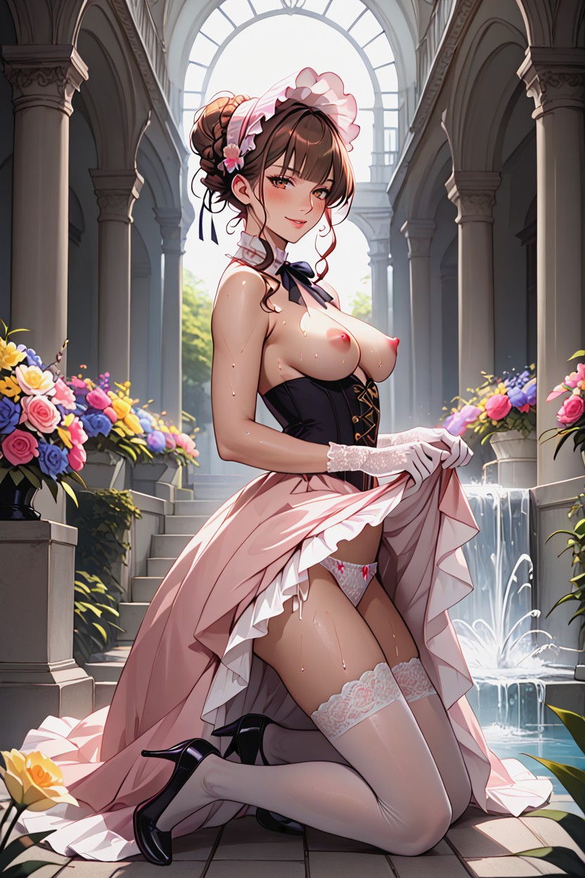 Five Fingers, Erect Puffy Pink Nipples Exposed, Dress Pulled Down Hentai AI Porn