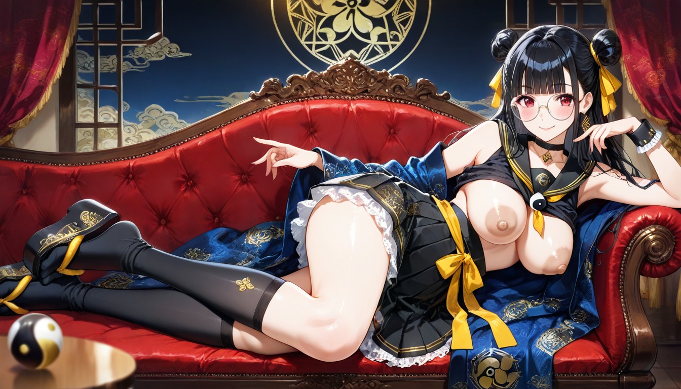 Hair Buns Two Side Buns, Chinese-style Sandals, Gold Zipper With Yin-yang Emblem Pendant Hentai AI Porn