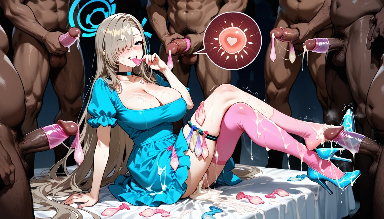 Pastel Ruffle Dress With Pink Glitter Tights And Pastel Stilettos, Used Condom, Cum On Body Hentai AI Porn