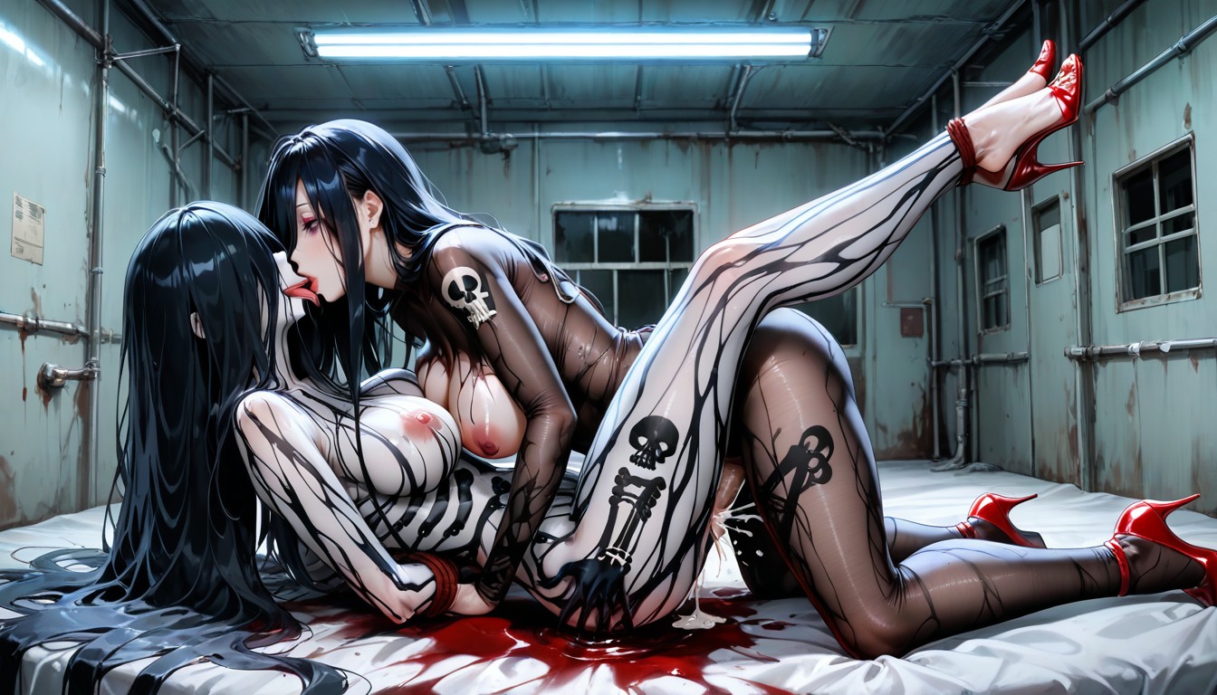 Woman Long Black Hair, Full Body Image, Great Area Of Bones Tattoo On Full Woman Body Hentai AI Porn