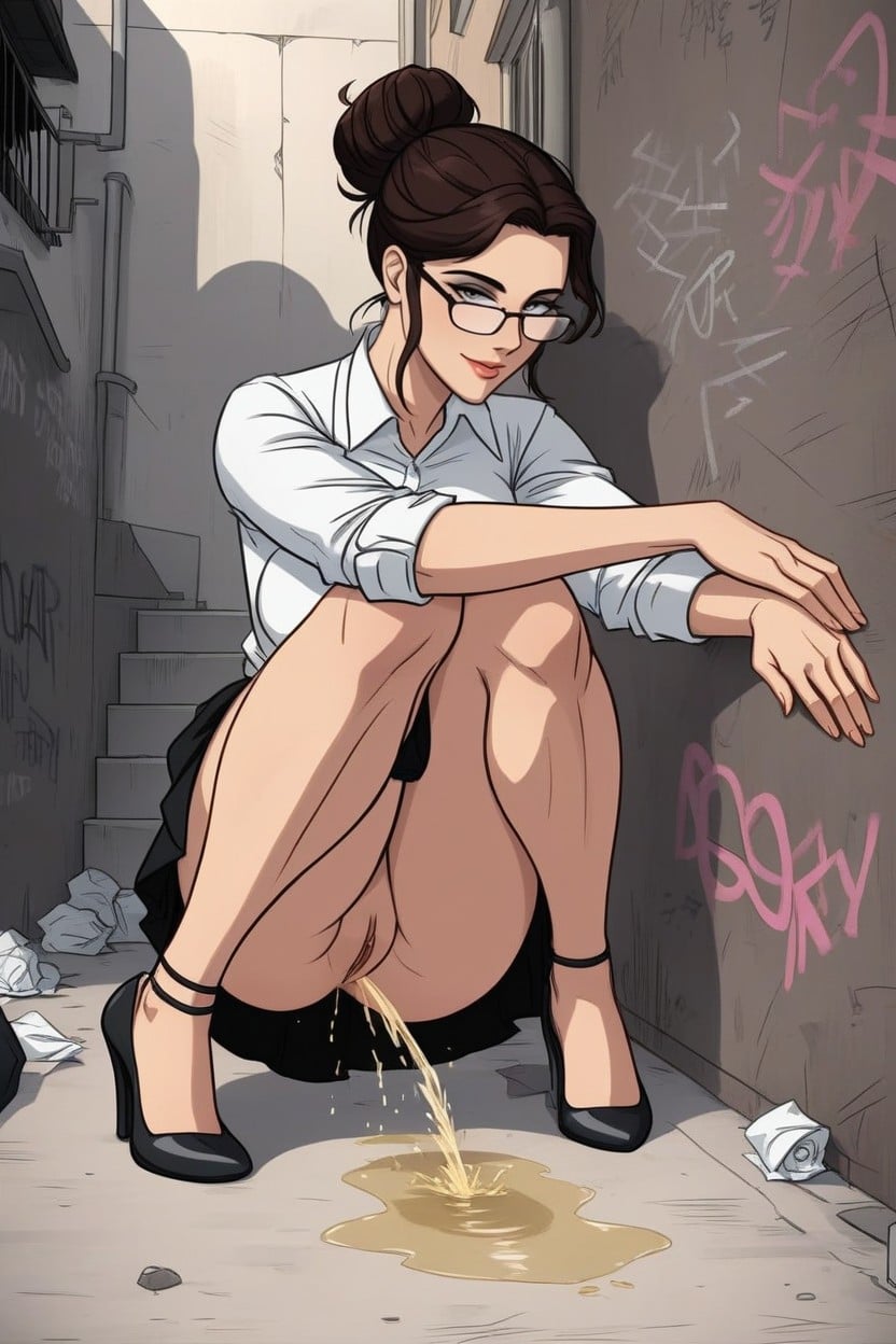 In The Alley, Lifted Skirt Is Thrown Onto Knees, Peeing Hentai AI Porn