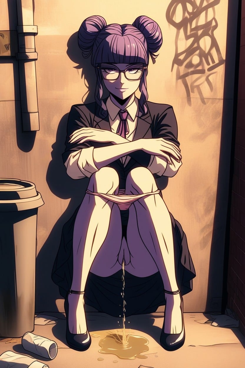 Lifted Skirt Is Thrown Onto Knees, Stairs, Light Outlines Body Shapes Hentai AI Porn