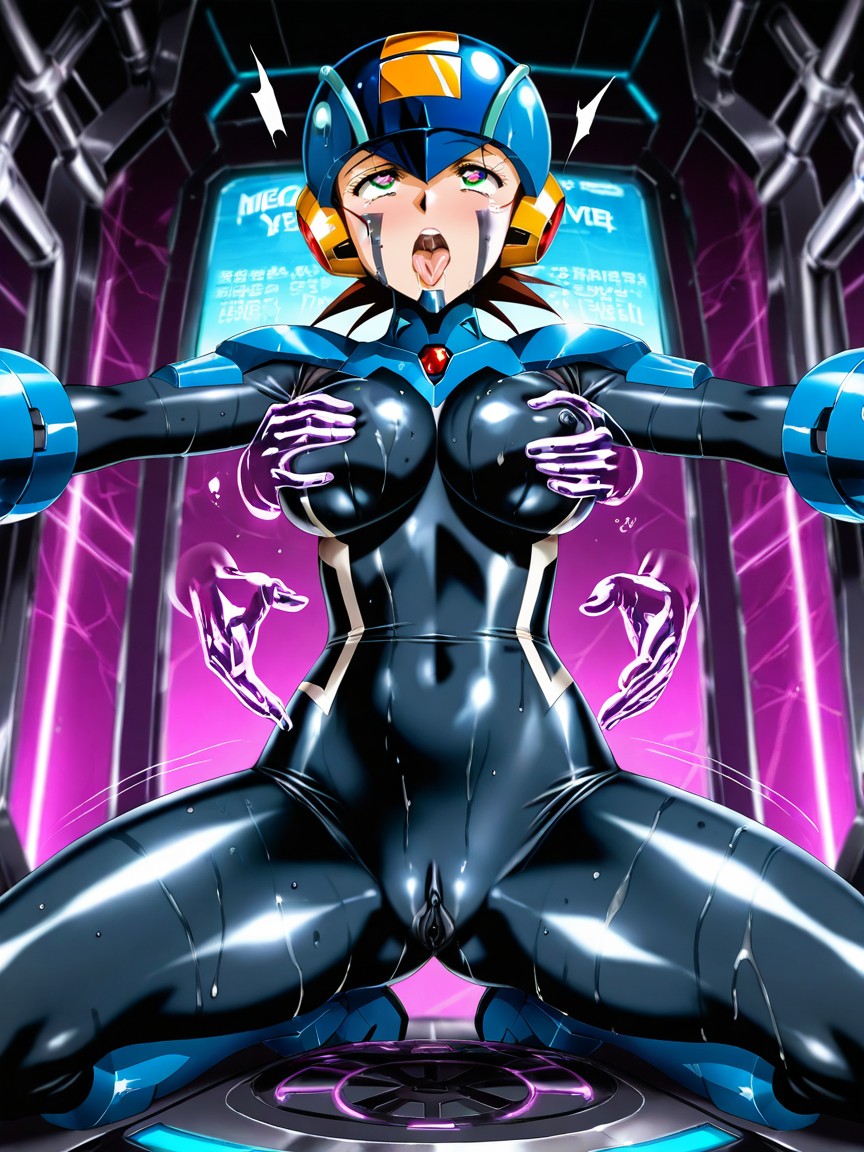 Metallic Body, Female Rockmanexe, Cameltoe With Spread Labia Outline Visible Through Fabric Hentai AI Porn