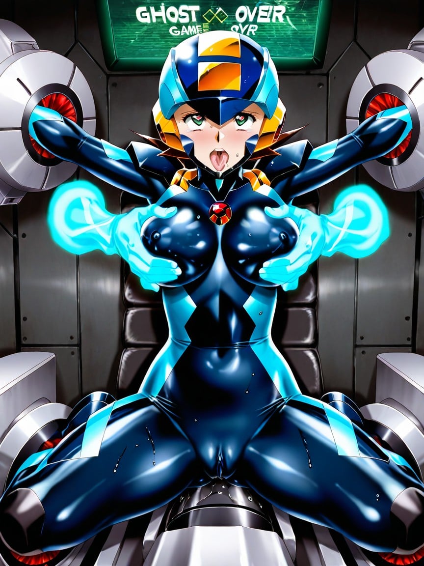 Drooling Heavily, Black Rigid Armor Plates On Shoulders Thighs Arms, Cameltoe With Spread Labia Outline Visible Through Fabric Hentai AI Porn