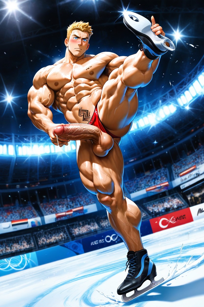 A Muscular Male Figure Skater, One Hand Holding The Edge Of The Lifted Leg, Penis Bigger Than Body AI Gay Porn