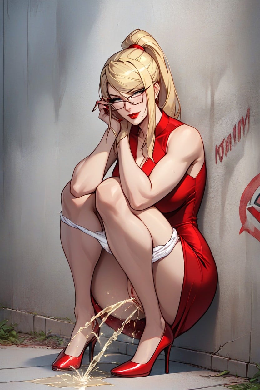 In Hiding Place, Urination, Holding Her Dress With Her Hands Hentai AI Porn
