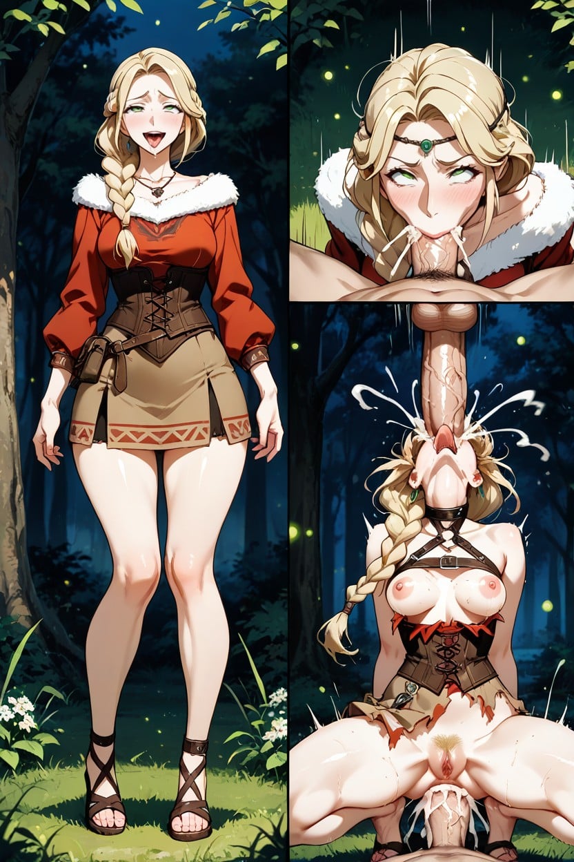 Brown Tribal Skirt, Grabbed Head And Neck, Night Garden Grass Flowers Stones Fireflies Setting Hentai AI Porn