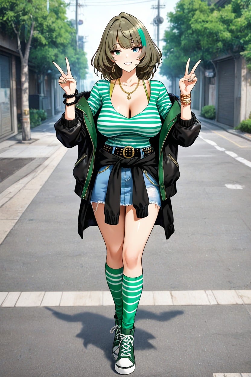 Green Patterned Top, Gyaru Style, Standing Hentai AI Porn