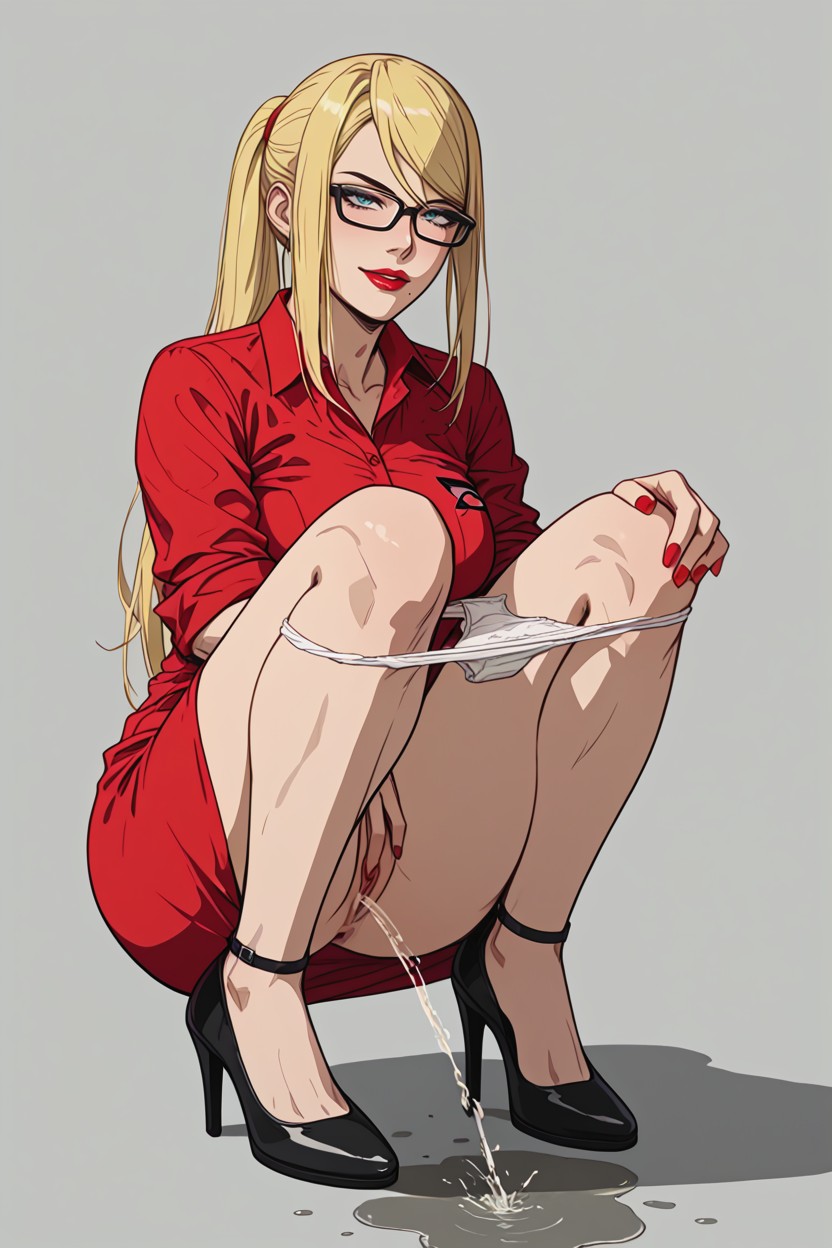 Anatomically Correct Hands, Red Dress, Squatting Hentai AI Porn