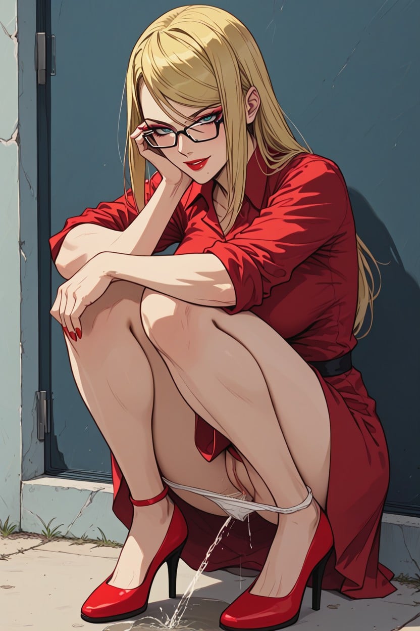 Downed Panties Stretched Between Knees, Peeing, Fully Clothed Hentai AI Porn