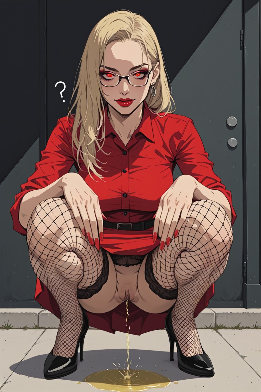 Yellow Piss, Red Dress, Close Up View Hentai AI Porn