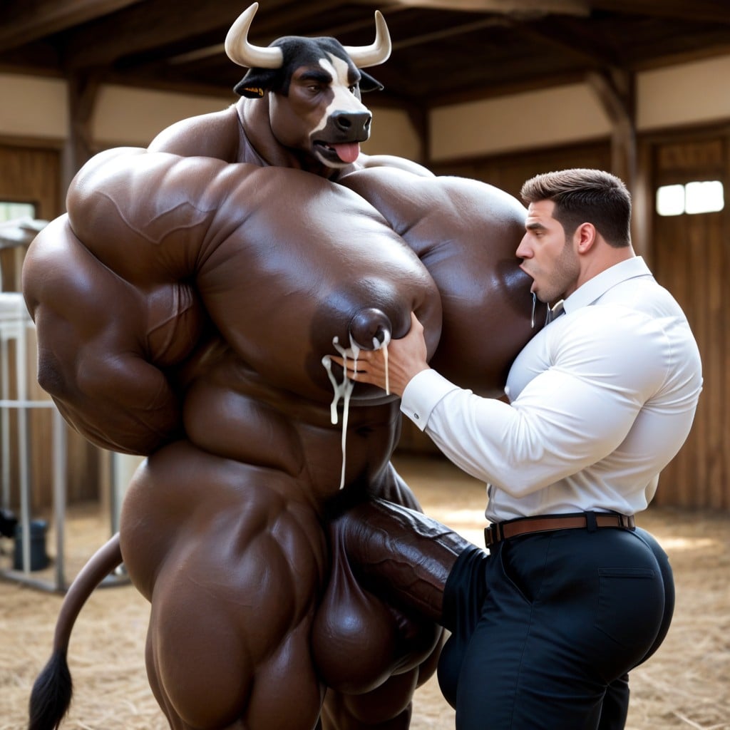 Oversized Muscles, Pec Garbbing, Husky Furry Intensely Squeezing Milk Out Of Cattle Furry's Breasts AI Gay Porn