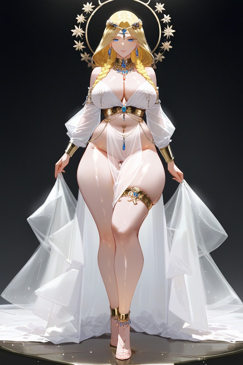 Thigh Up Shot, Blonde Hair, Delicate Gold Jewelry Arm Cuffs Hentai AI Porn