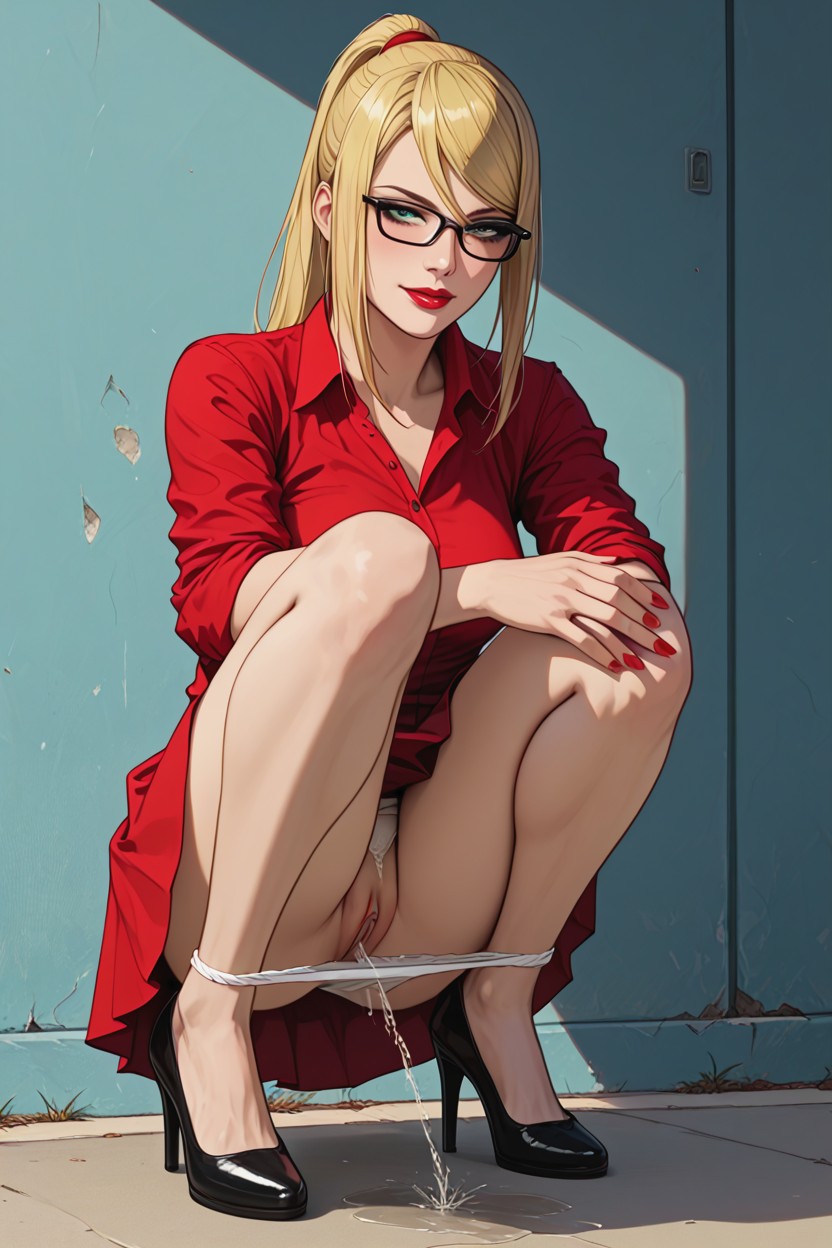 Holding Her Dress With Her Hands, Front View, Exaggerated Jet Of Pee Hentai IA