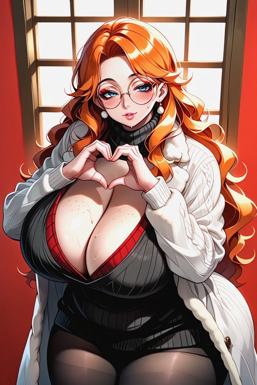 Ginger Hair, Revealing Cleavage, White Scarf Hentai IA