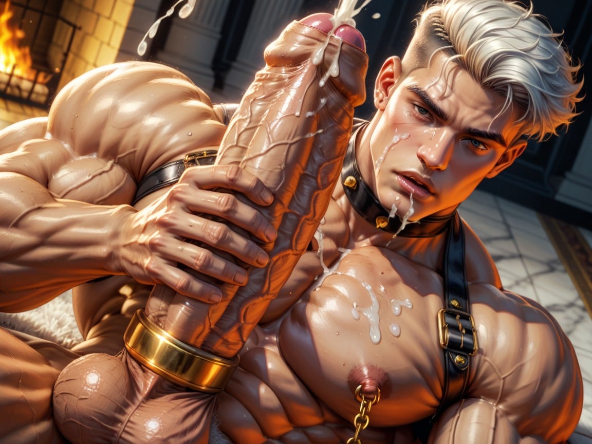 Muscular, Cum On Mouth, Heavy Ornate Golden Exaggerated Cock Ring AI Gay Porn