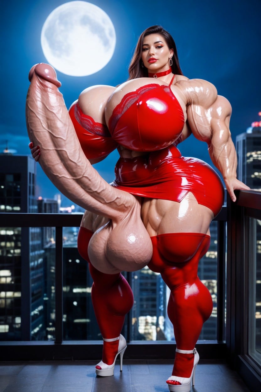 Red Tight Skirt, Balls Bra, Wet Lips Shemale AI Porn