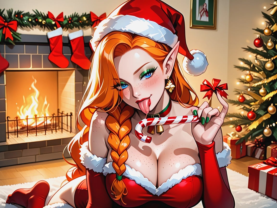 Green Eyeshadow, Santa Hat, Warm Lights Hentai AI Porn