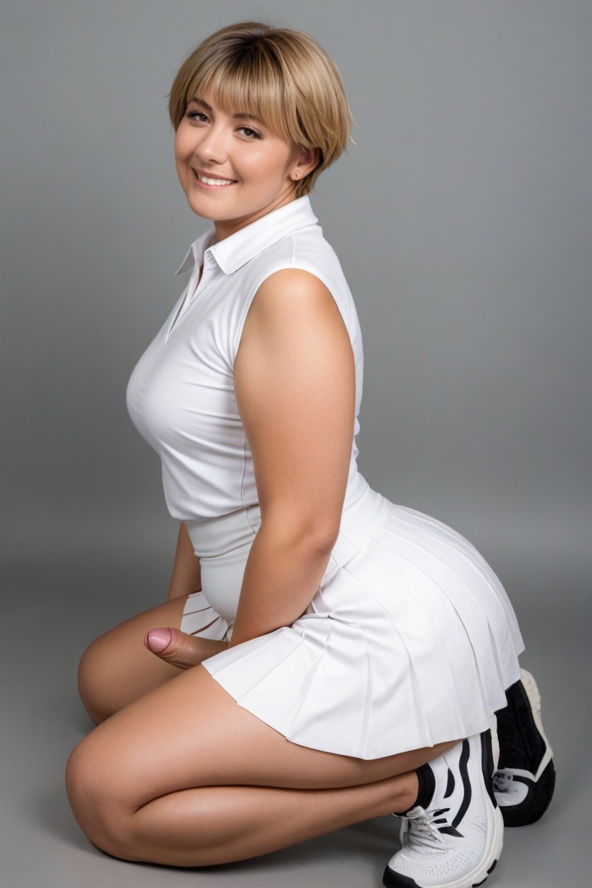 Tomboy Haircut, Kneeling, Smiling Shemale AI Porn