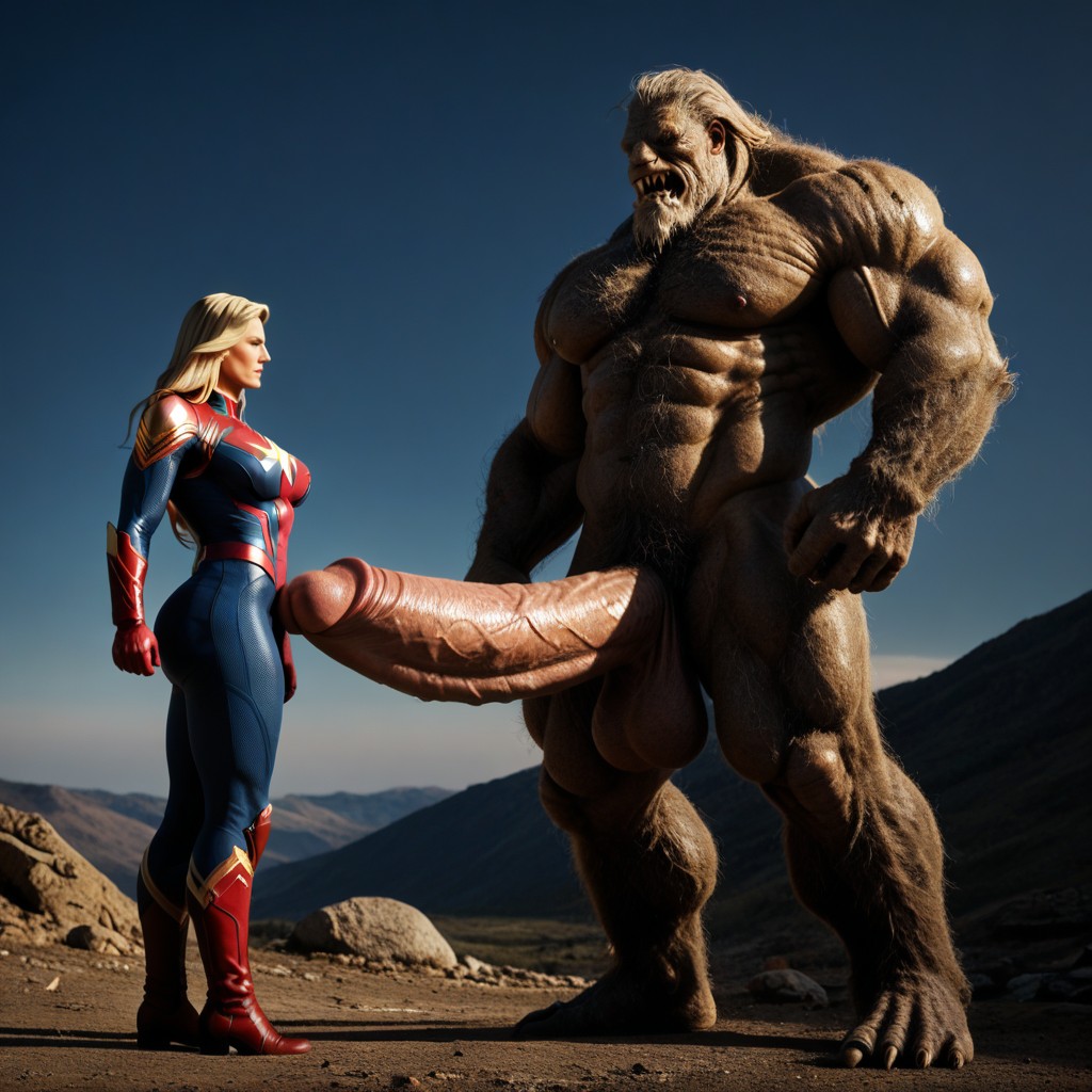 Woman Standing In Front Of Erect Penis And Looking Up, Size Comparison, Captain Marvel Standing In Front Of Giant Monster And Looking Up AI Porn