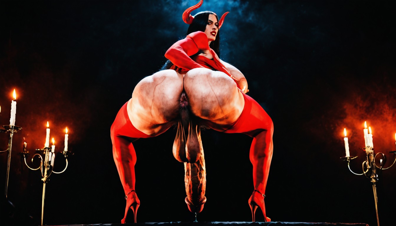 Impossibly Colossal Sagging Balls, Photorealistic, Fiery Candle Lit Hell Background Shemale AI Porn