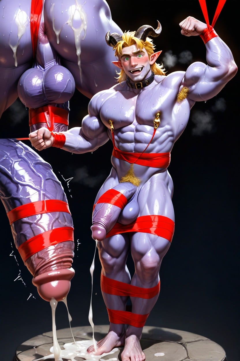 Muscular Gay Man, Dick Wrapped Up In Red Ribbon, Blond Hair AI Gay Porn
