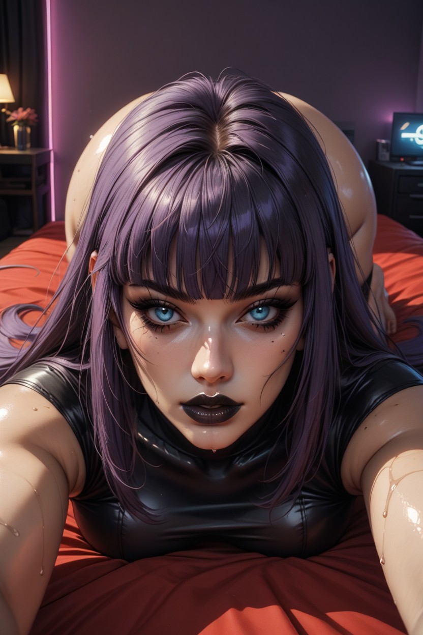 Bedroom, Square Bangs, Blue Eyes Hentai AI Porn