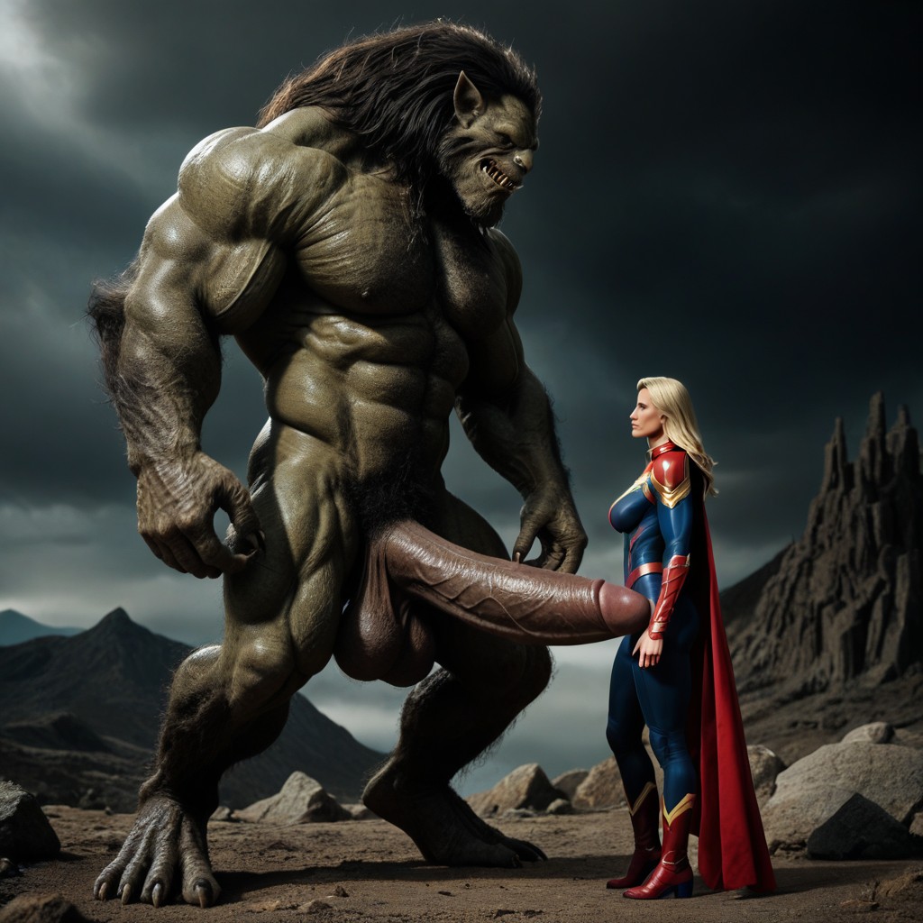 Captain Marvel Standing In Front Of Giant Monster And Looking Up, A Giant, Maximum Hardness AI Porn