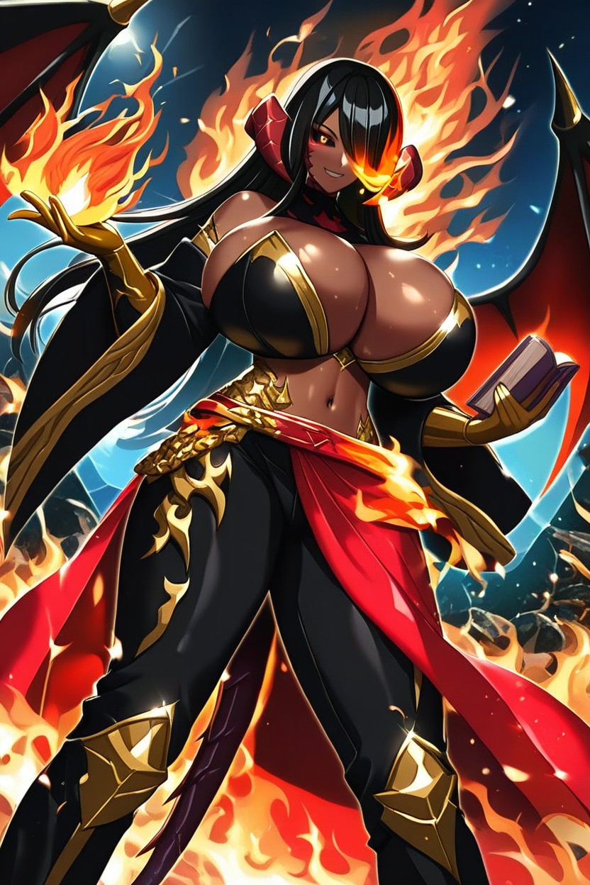 Gold Flame Earrings, Gold Ruby Belt, Red Cropped Turtleneck Hentai IA