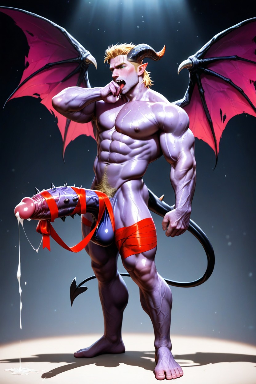 Front View, Glistening Abs, Ribbon Wrapped Around Dick ゲイAIポルノ
