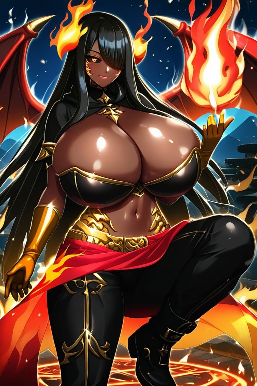 "shelly From Pokémon", Huge Gold Flame Belt, Black Chaps With Red Trim Hentai AI Porn