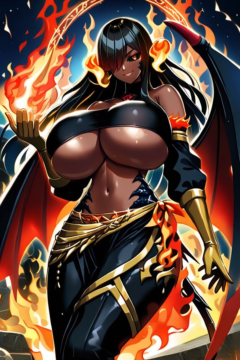 Black Cropped Hoodon Shoulders With Gold Trim, Hair Covering One Eye, Huge Fiery Dragon Demon Wings Hentai AI Porn