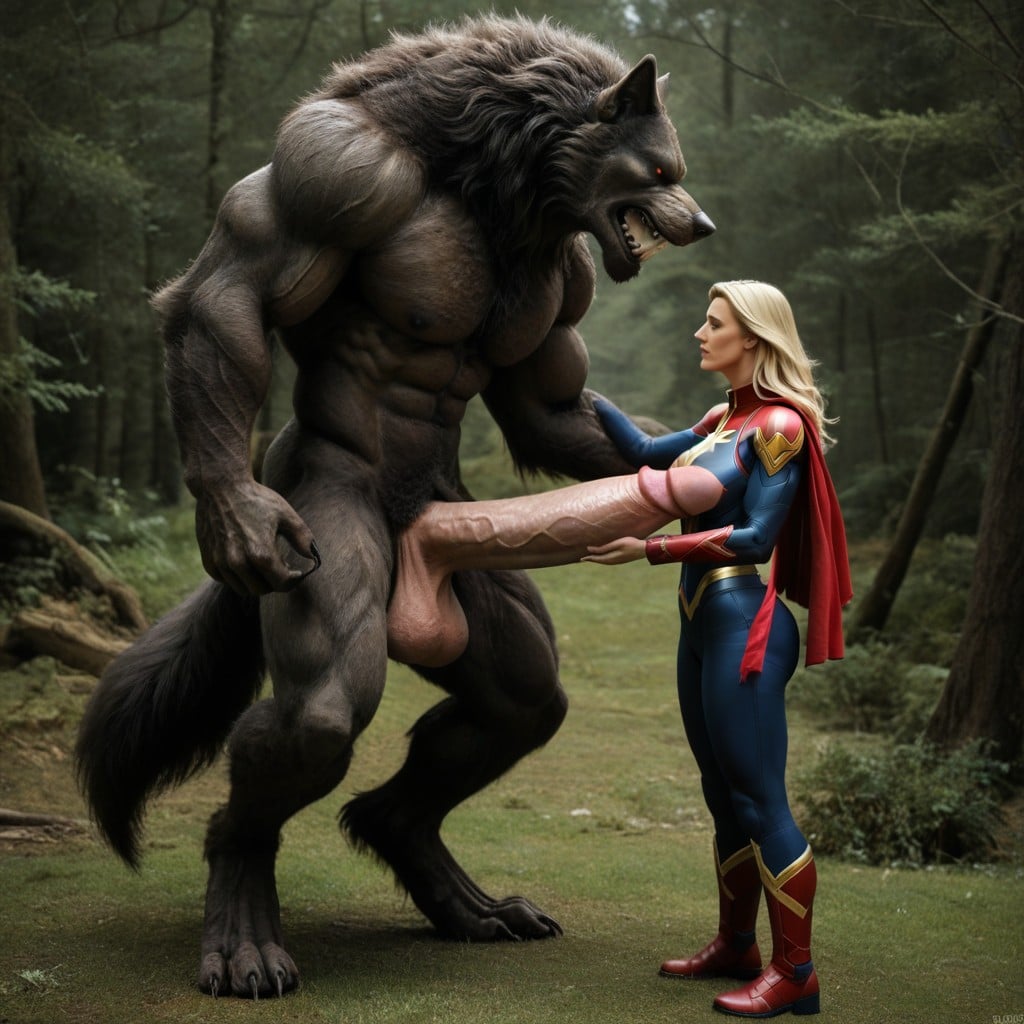 Captain Marvel Standing In Front Of The Fur Werewolf, Woman Standing In Front Of Erect Penis And Looking Up, 18+ AI Porn