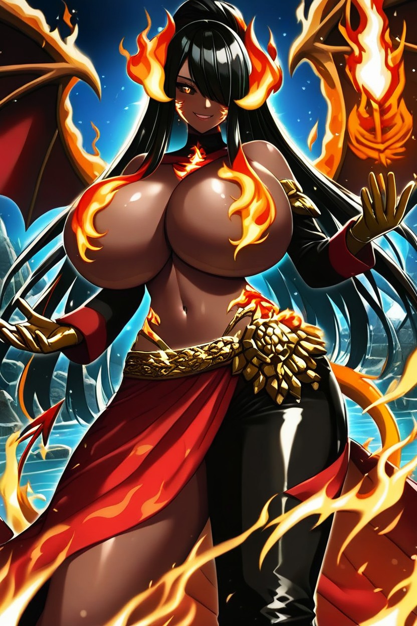 Volcano Elemental, Wide Hips, Long Black Sorceress Sleeves Hentai AI Porn